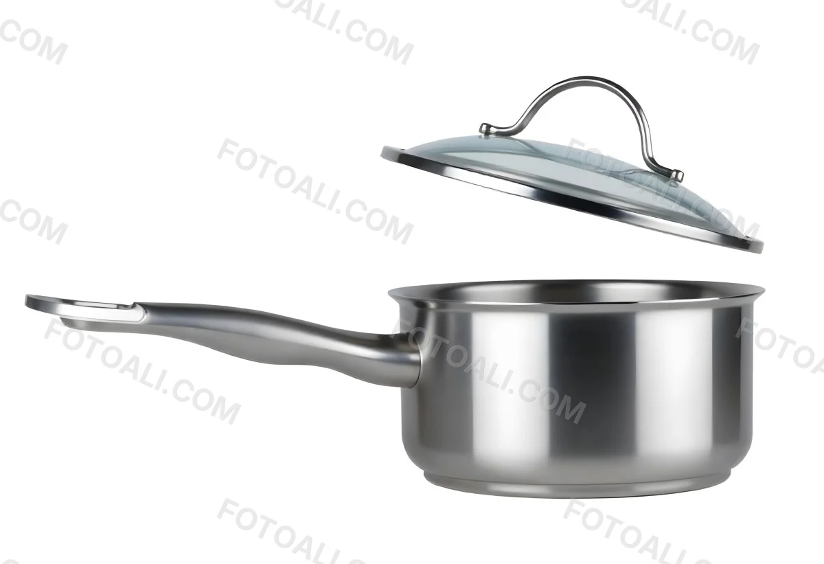 Stainless Steel Saucepan With A Long Handle And A Glass Lid Slightly Open In A White Background 2 5abe