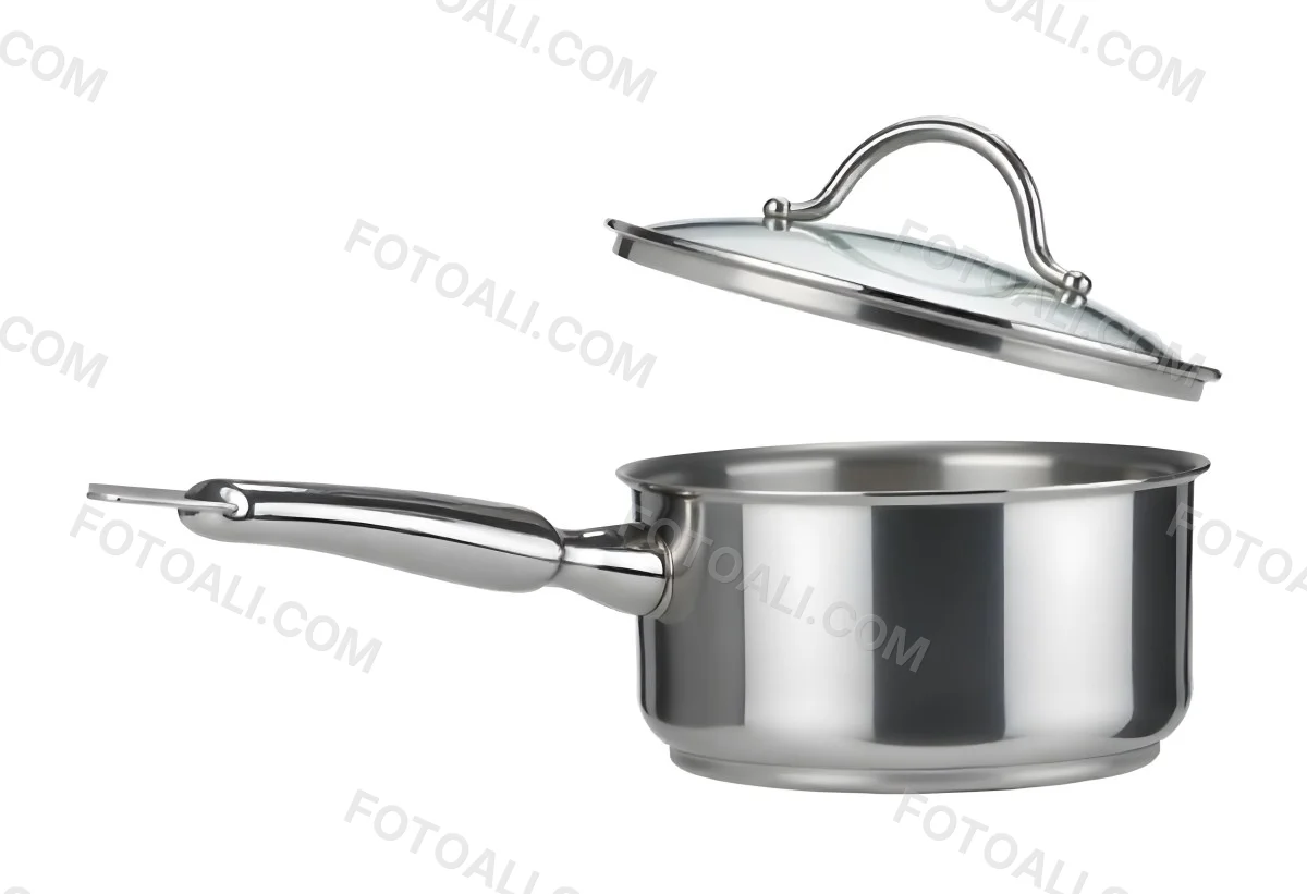Stainless Steel Saucepan With A Long Handle And A Glass Lid Slightly Open In A White Background 3 3e38