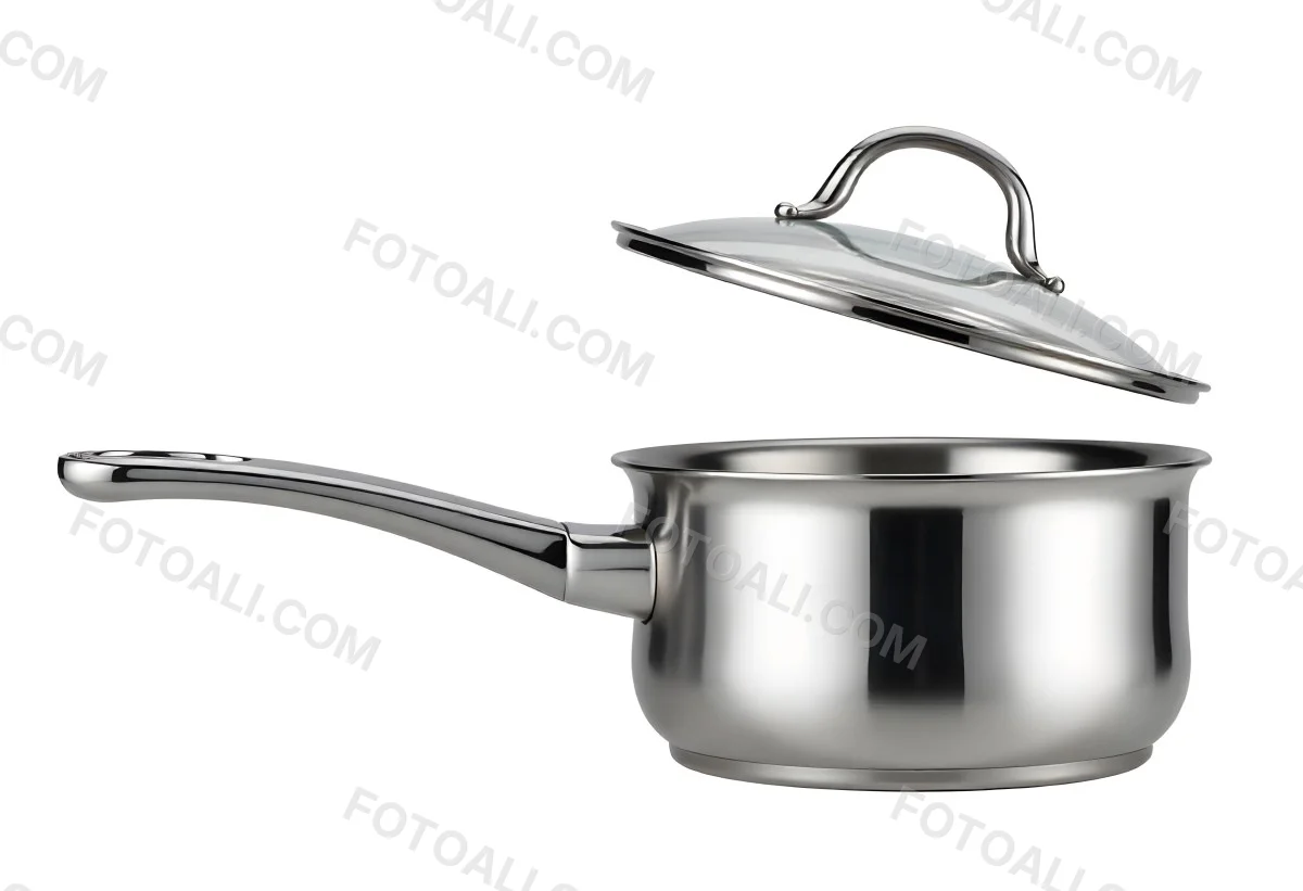 Stainless Steel Saucepan With A Long Handle And A Glass Lid Slightly Open In A White Background 5 C710