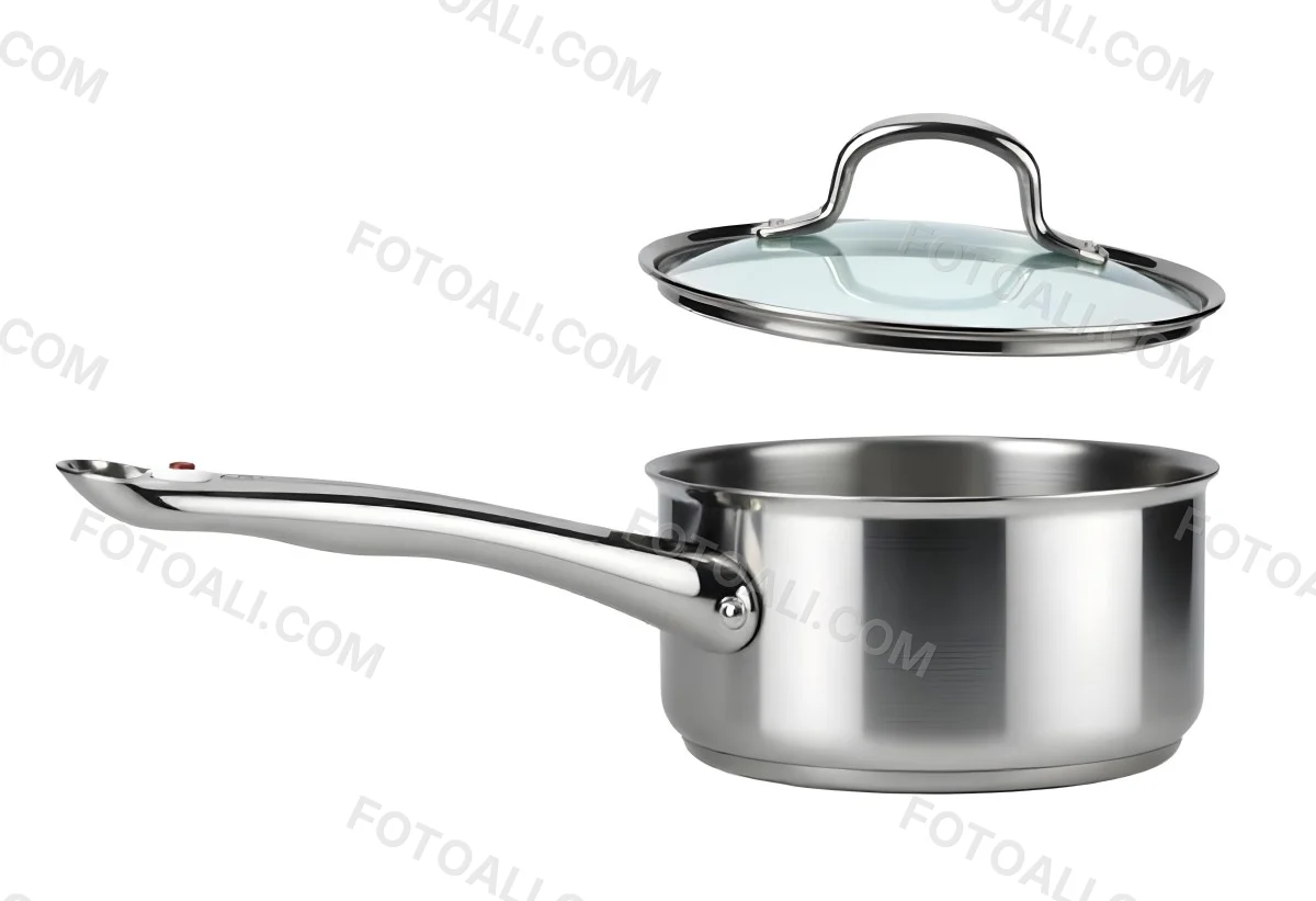 Stainless Steel Saucepan With A Long Handle And A Glass Lid Slightly Open In A White Background 6 F4b8