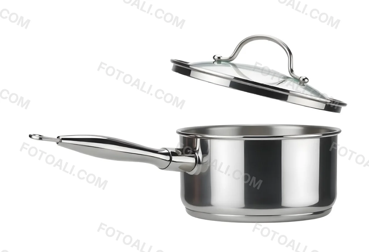 Stainless Steel Saucepan With A Long Handle And A Glass Lid Slightly Open In A White Background 8 0287