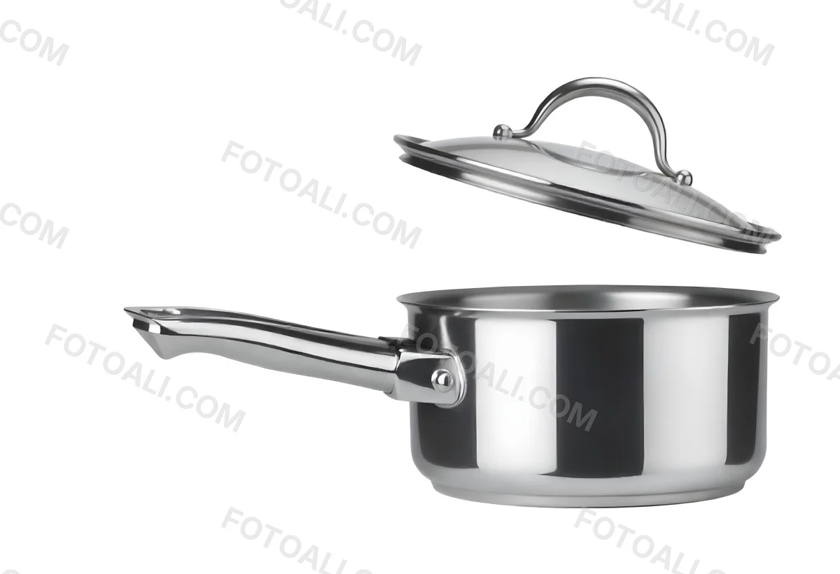 Stainless Steel Saucepan With A Long Handle And A Glass Lid Slightly Open In A White Background 9 7c3d