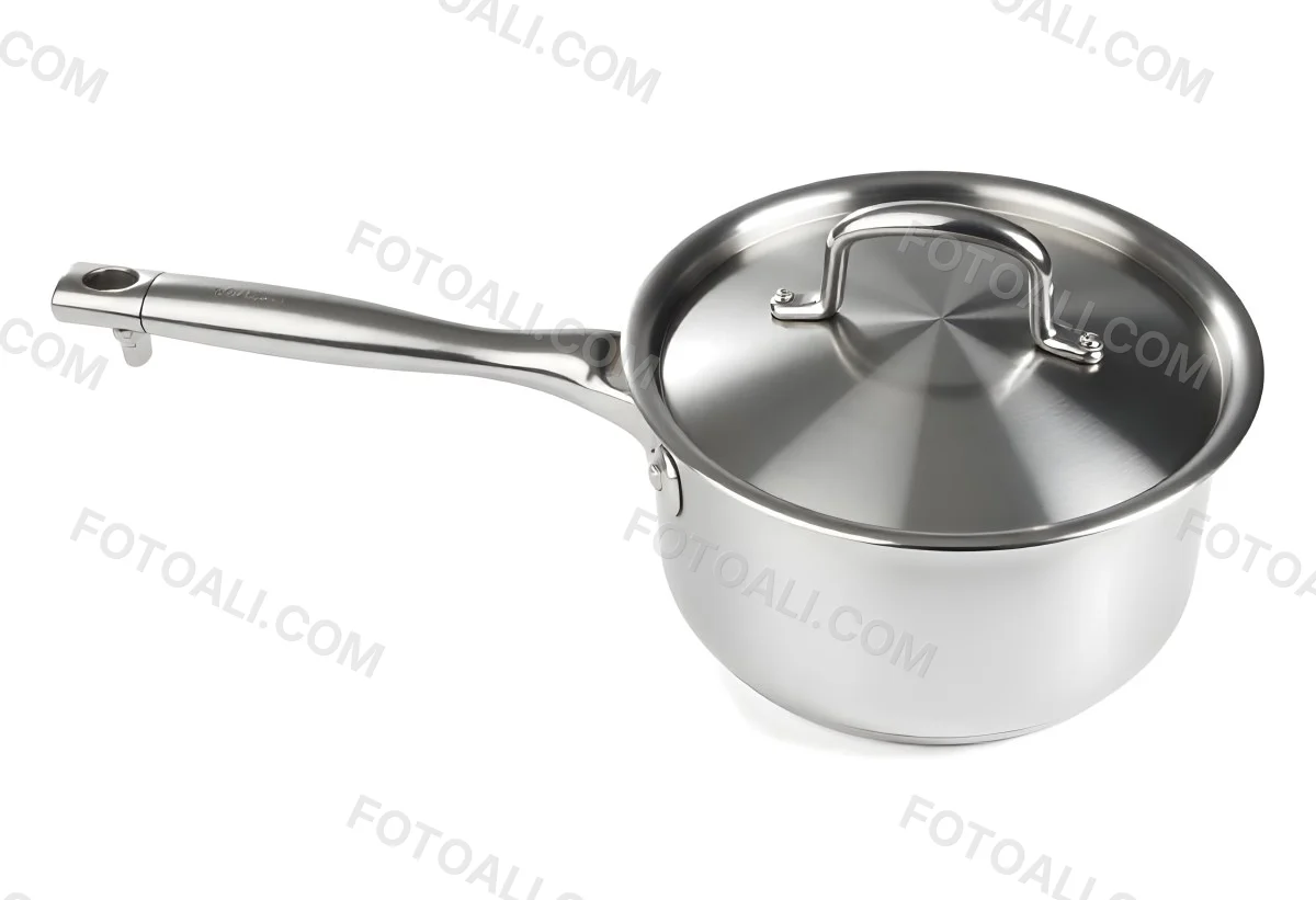Stainless Steel Saucepan With Lid And Handle Placed On A White Background Kitchenware Cooking Equipment Metal Material Simple Design Clean And Modern 11 3080