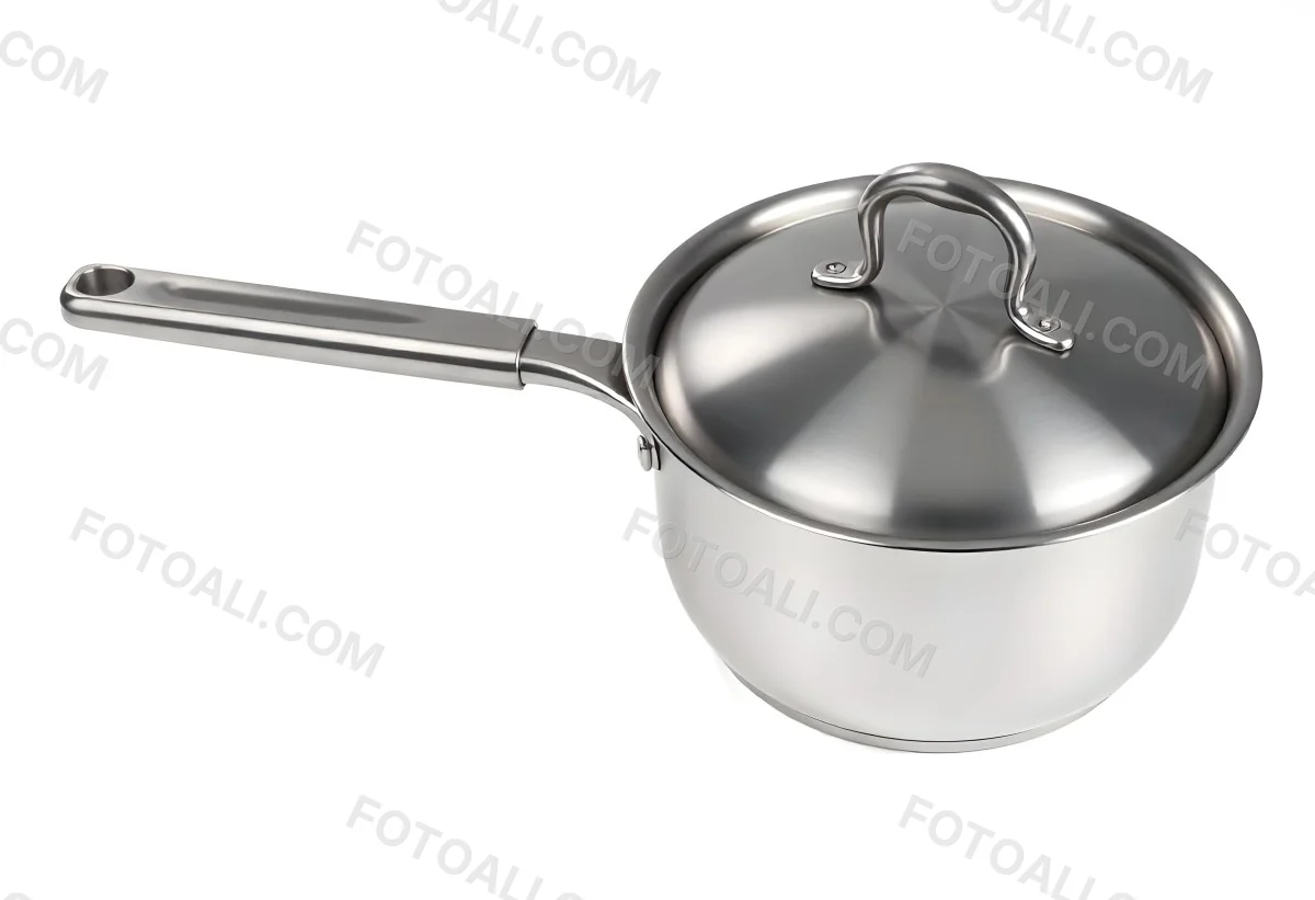 Stainless Steel Saucepan With Lid And Handle Placed On A White Background Kitchenware Cooking Equipment Metal Material Simple Design Clean And Modern 12 A203