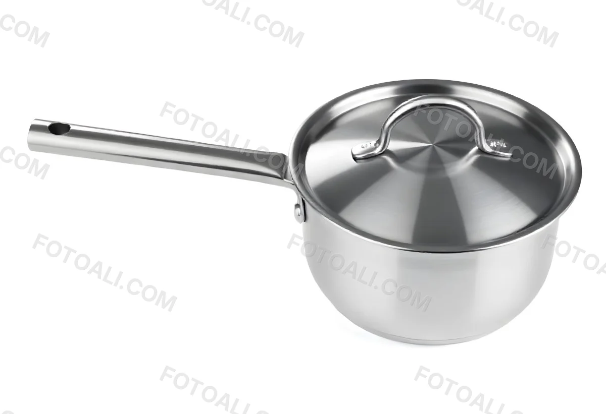 Stainless Steel Saucepan With Lid And Handle Placed On A White Background Kitchenware Cooking Equipment Metal Material Simple Design Clean And Modern 18 0944