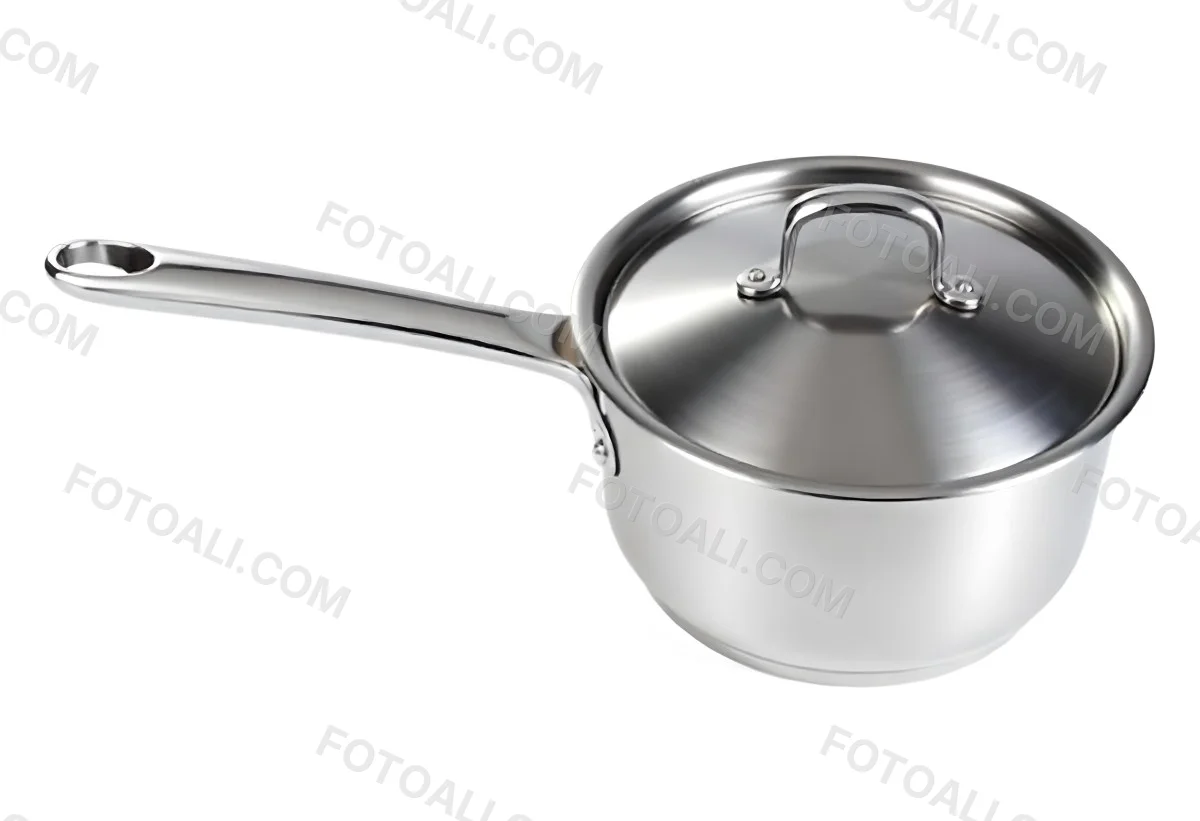 Stainless Steel Saucepan With Lid And Handle Placed On A White Background Kitchenware Cooking Equipment Metal Material Simple Design Clean And Modern 21 2296