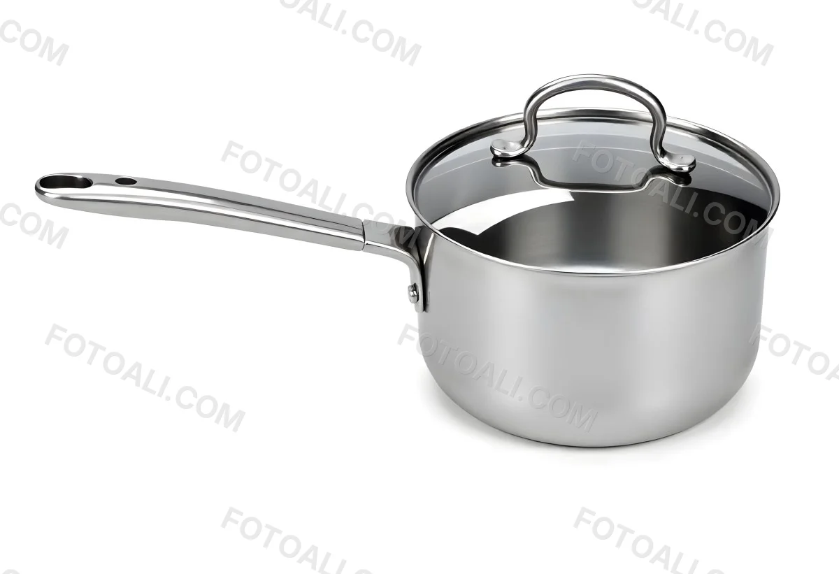 Stainless Steel Saucepan With Lid And Handle Placed On A White Background Kitchenware Cooking Equipment Metal Material Simple Design Clean And Modern 25 Aafe
