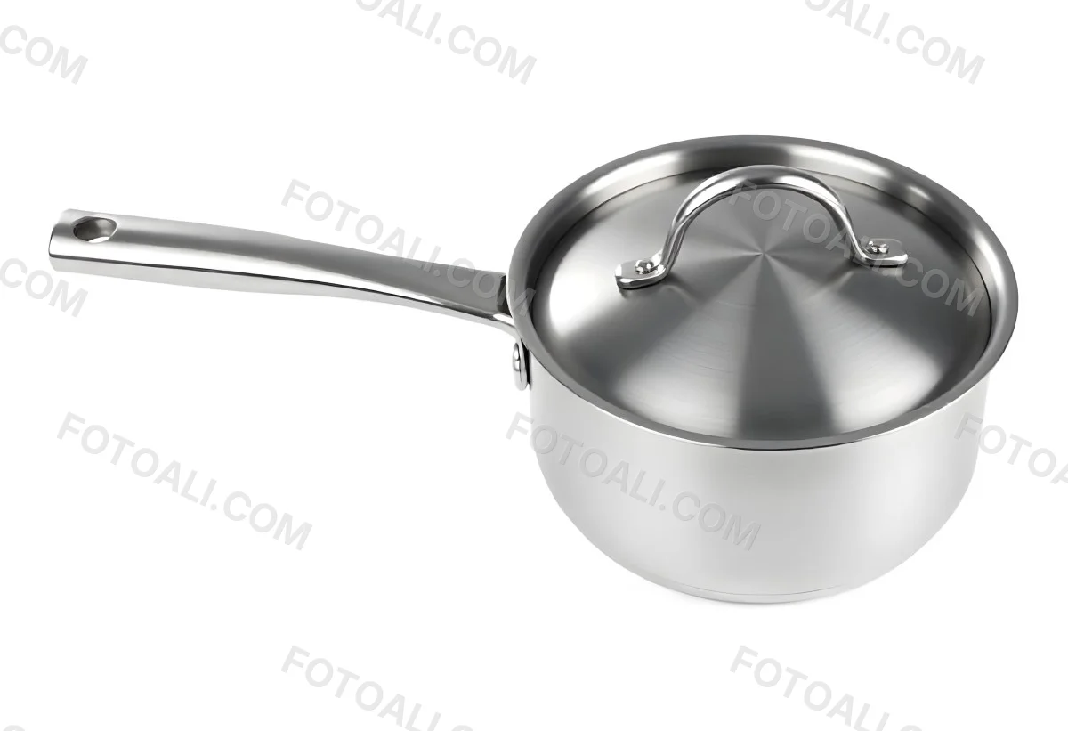 Stainless Steel Saucepan With Lid And Handle Placed On A White Background Kitchenware Cooking Equipment Metal Material Simple Design Clean And Modern 5 E96f