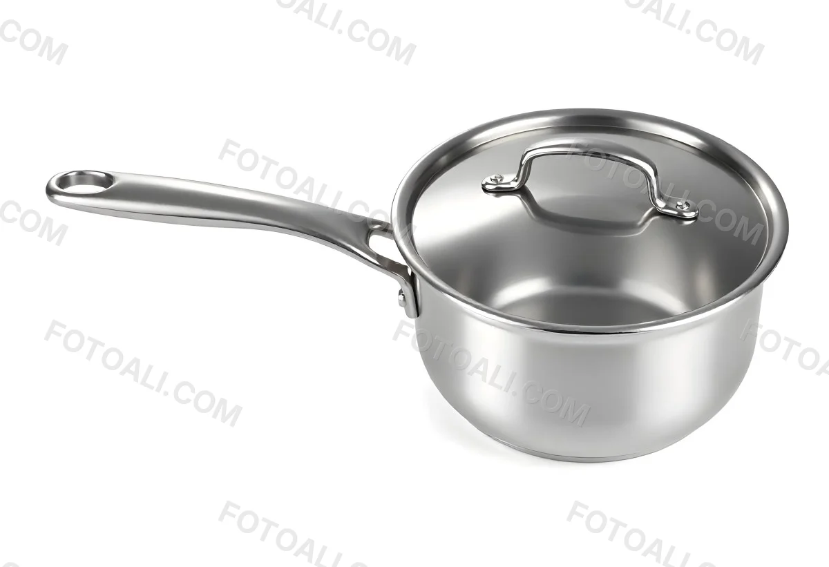Stainless Steel Saucepan With Lid And Handle Placed On A White Background Kitchenware Cooking Equipment Metal Material Simple Design Clean And Modern 6 7b72