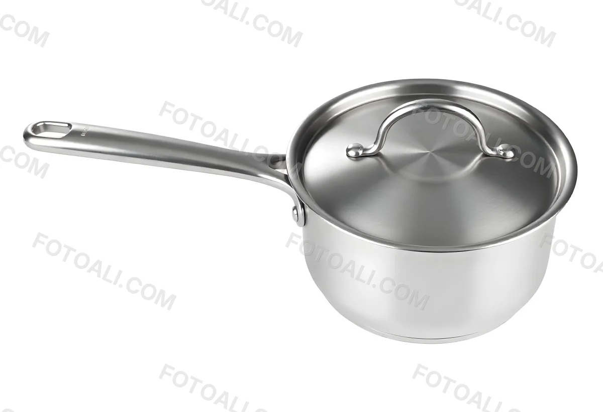 Stainless Steel Saucepan With Lid And Handle Placed On A White Background Kitchenware Cooking Equipment Metal Material Simple Design Clean And Modern 7 C4cd
