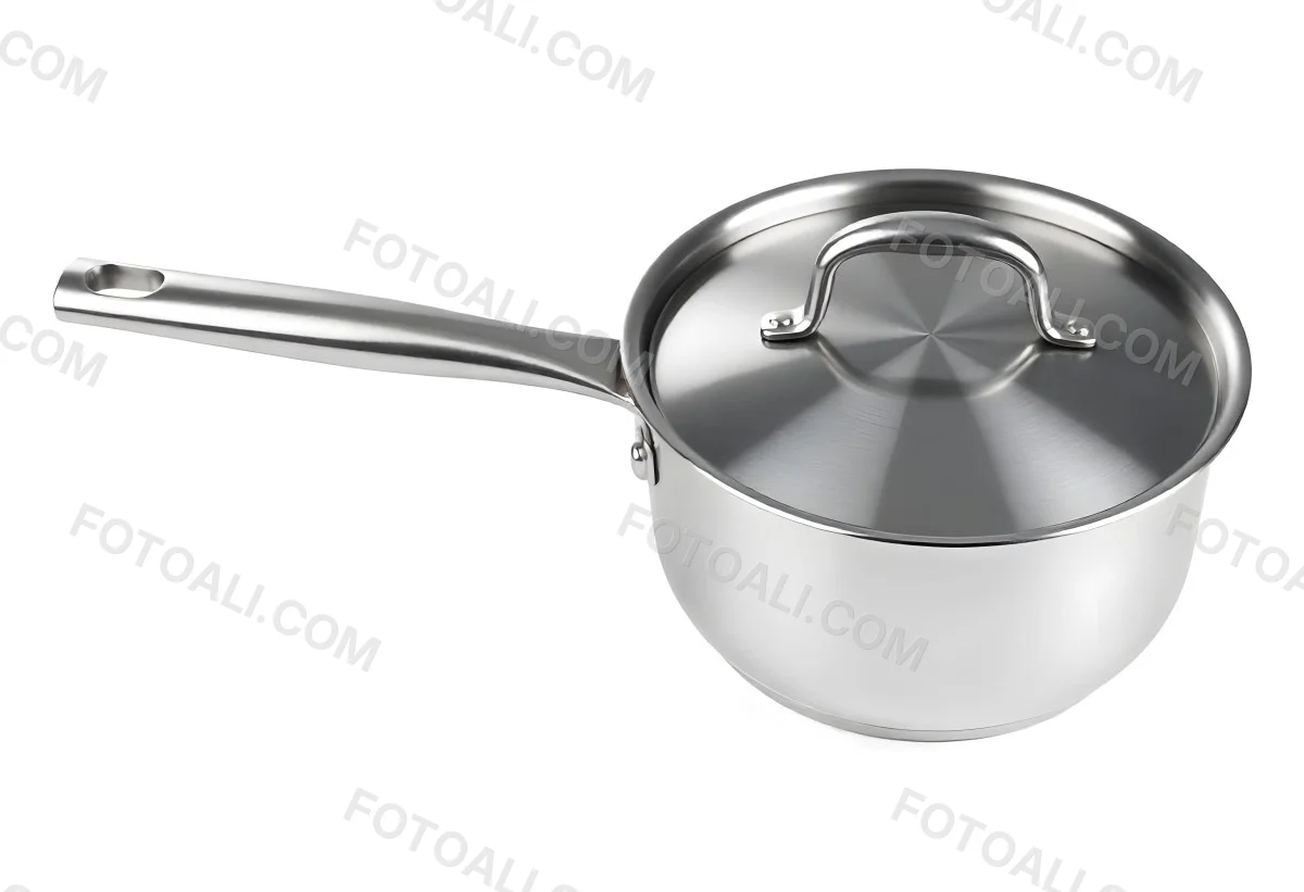 Stainless Steel Saucepan With Lid And Handle Placed On A White Background Kitchenware Cooking Equipment Metal Material Simple Design Clean And Modern 8 6778