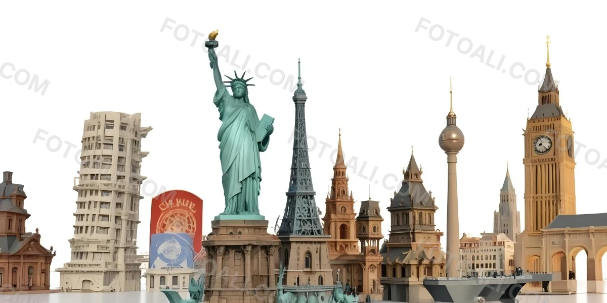 Statue Of Liberty Eiffel Tower Saint Basil S Cathedral Prague Astronomical Clock And Berlin Tv Tower On A White Background 10 5142
