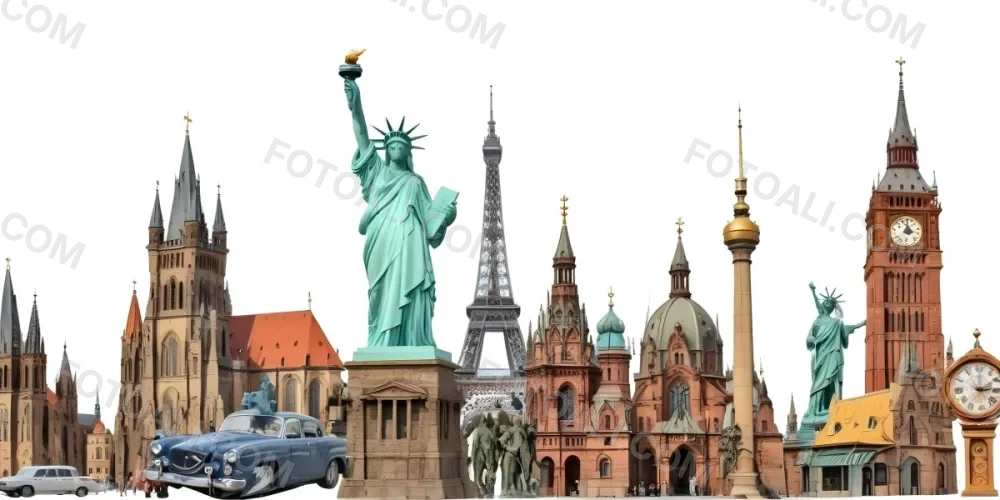 Statue Of Liberty Eiffel Tower Saint Basil S Cathedral Prague Astronomical Clock And Berlin Tv Tower On A White Background 11 6445