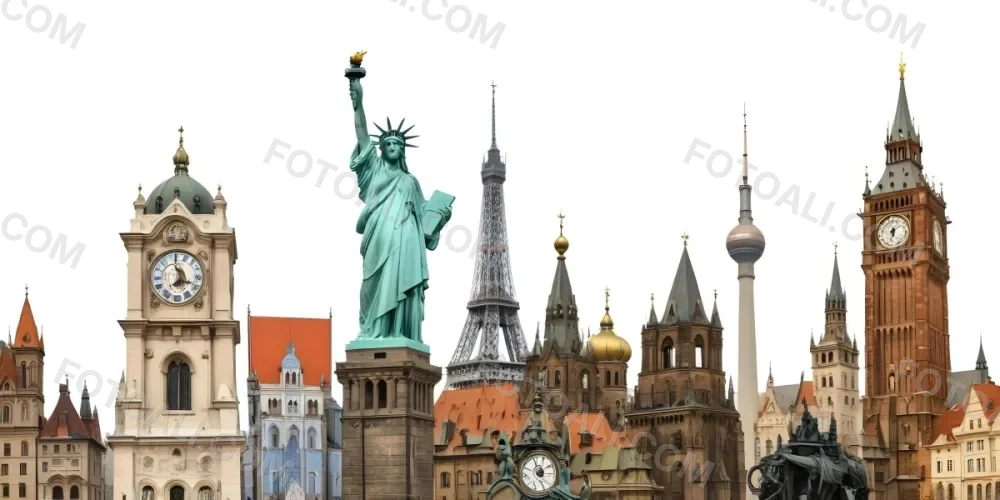 Statue Of Liberty Eiffel Tower Saint Basil S Cathedral Prague Astronomical Clock And Berlin Tv Tower On A White Background 15 5c0c