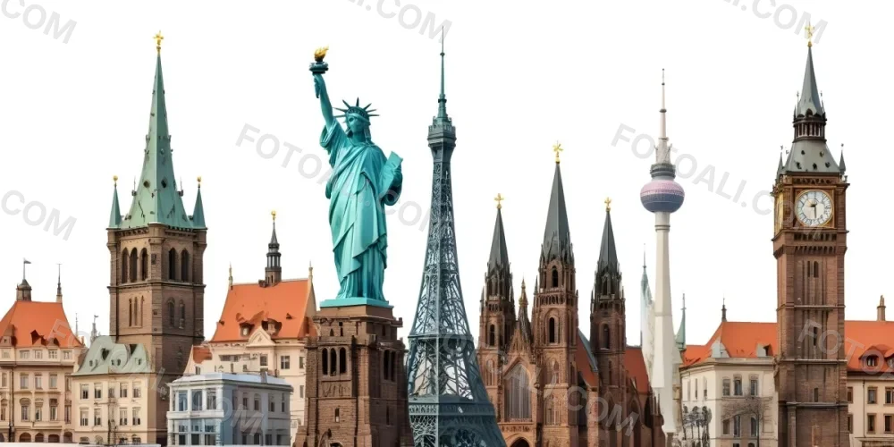 Statue Of Liberty Eiffel Tower Saint Basil S Cathedral Prague Astronomical Clock And Berlin Tv Tower On A White Background 27 D6fb