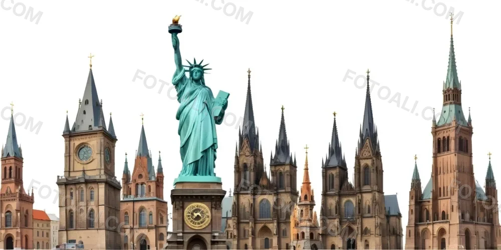 Statue Of Liberty Eiffel Tower Saint Basil S Cathedral Prague Astronomical Clock And Berlin Tv Tower On A White Background 29 D963