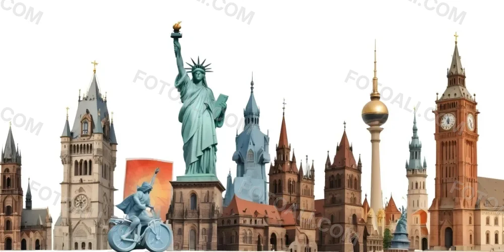Statue Of Liberty Eiffel Tower Saint Basil S Cathedral Prague Astronomical Clock And Berlin Tv Tower On A White Background 3 C304