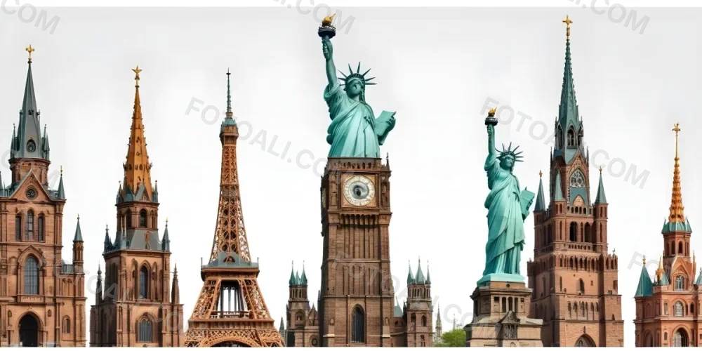 Statue Of Liberty Eiffel Tower Saint Basil S Cathedral Prague Astronomical Clock And Berlin Tv Tower On A White Background 30 57c9