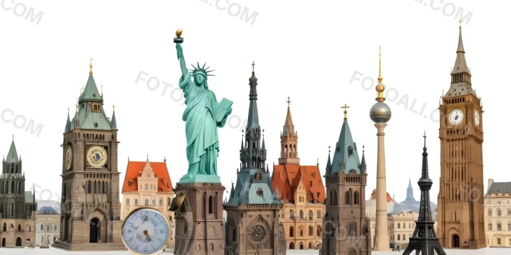 Statue Of Liberty Eiffel Tower Saint Basil S Cathedral Prague Astronomical Clock And Berlin Tv Tower On A White Background 32 9544
