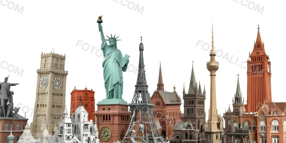 Statue Of Liberty Eiffel Tower Saint Basil S Cathedral Prague Astronomical Clock And Berlin Tv Tower On A White Background 4 D6ac