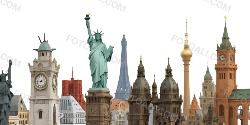 Statue Of Liberty Eiffel Tower Saint Basil S Cathedral Prague Astronomical Clock And Berlin Tv Tower On A White Background 8 4a38