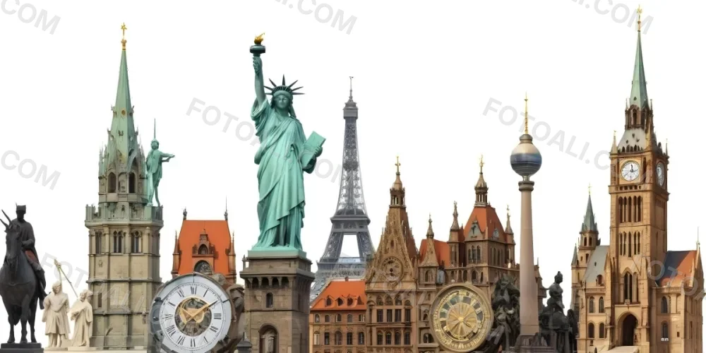 Statue Of Liberty Eiffel Tower Saint Basil S Cathedral Prague Astronomical Clock And Berlin Tv Tower On A White Background 9 1f43