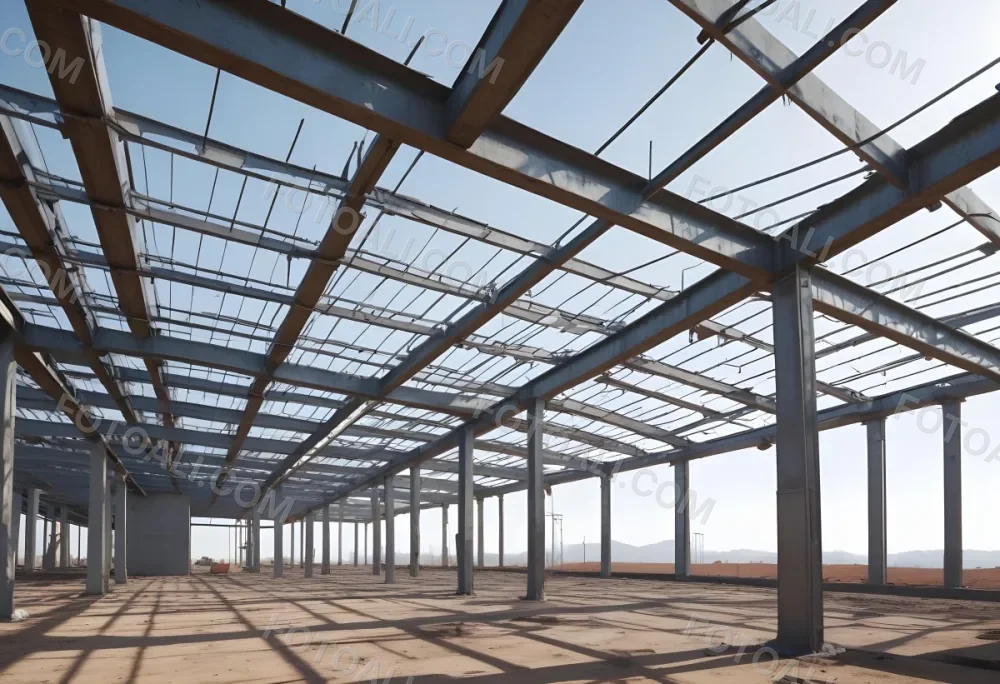 Steel Structure Of A Building Under Construction With A Grid Of Beams And Columns Dirt Floor And A Clear Sky Visible Through The Open Roof 10 D9a8
