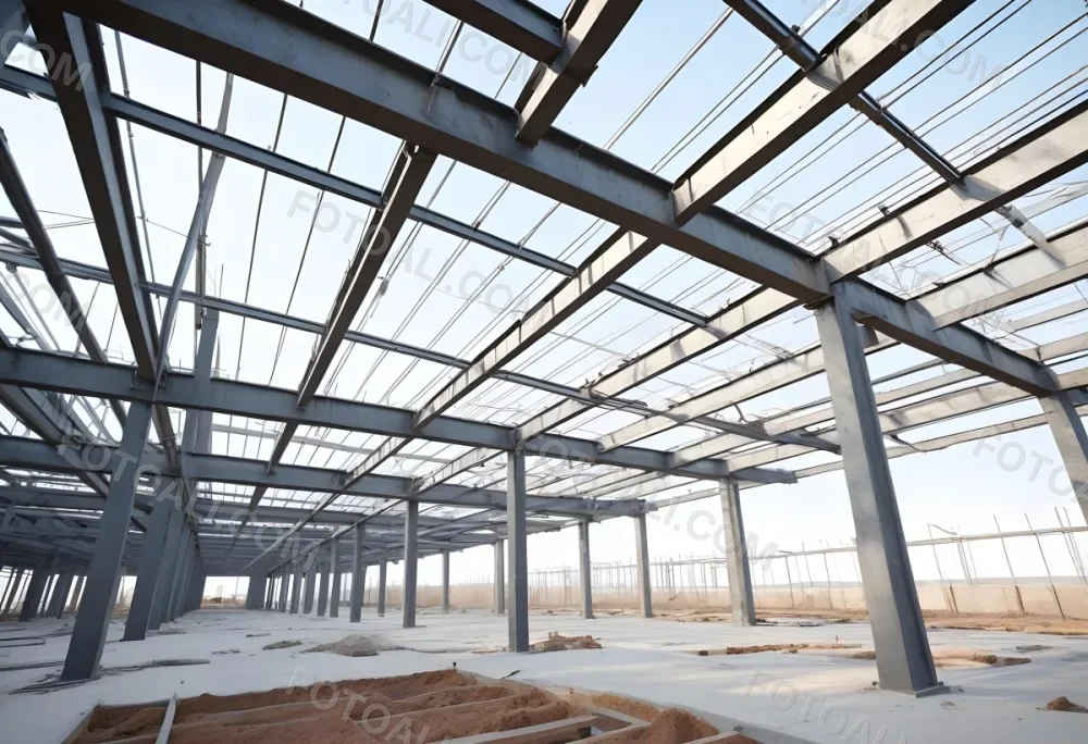 Steel Structure Of A Building Under Construction With A Grid Of Beams And Columns Dirt Floor And A Clear Sky Visible Through The Open Roof 13 8072