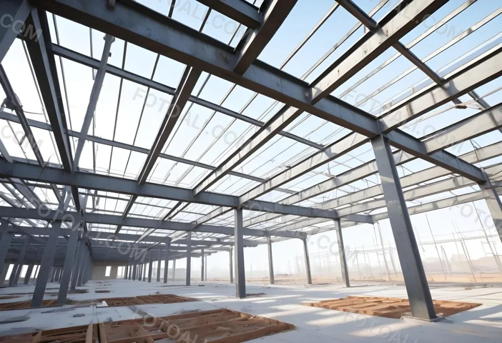 Steel Structure Of A Building Under Construction With A Grid Of Beams And Columns Dirt Floor And A Clear Sky Visible Through The Open Roof 14 Aa62
