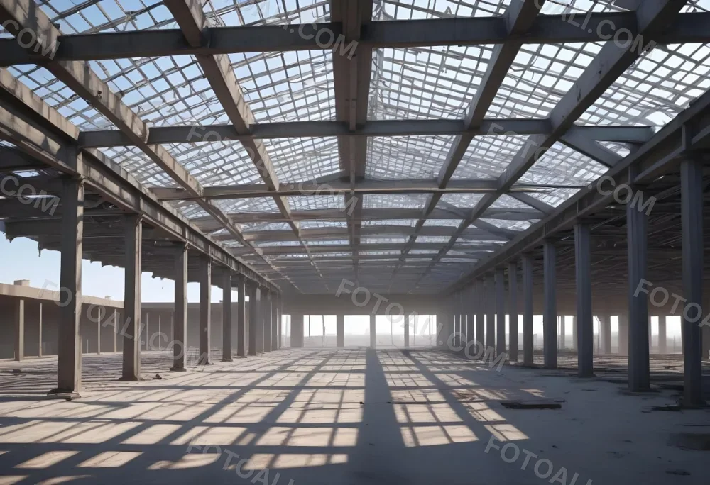 Steel Structure Of A Building Under Construction With A Grid Of Beams And Columns Dirt Floor And A Clear Sky Visible Through The Open Roof 15 E750