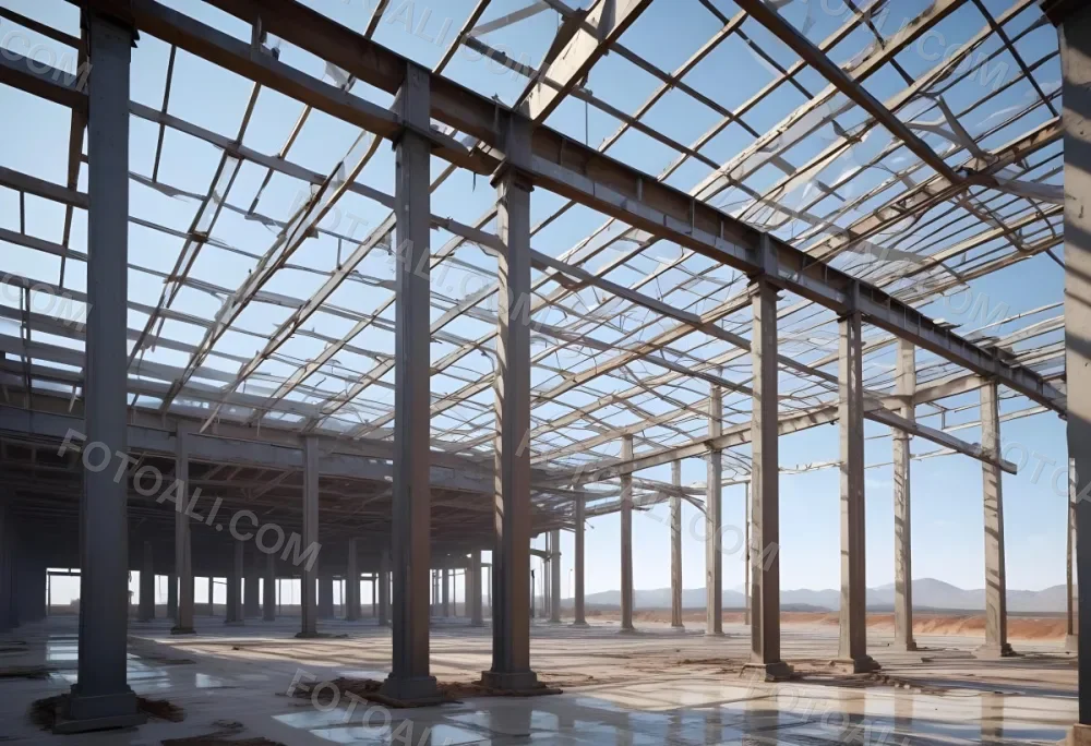Steel Structure Of A Building Under Construction With A Grid Of Beams And Columns Dirt Floor And A Clear Sky Visible Through The Open Roof 20 6327