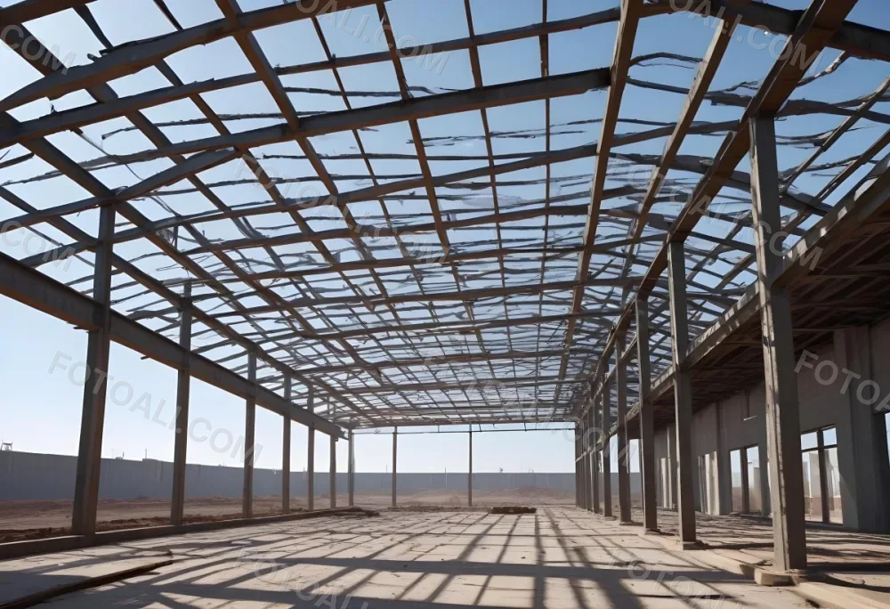 Steel Structure Of A Building Under Construction With A Grid Of Beams And Columns Dirt Floor And A Clear Sky Visible Through The Open Roof 21 E24e