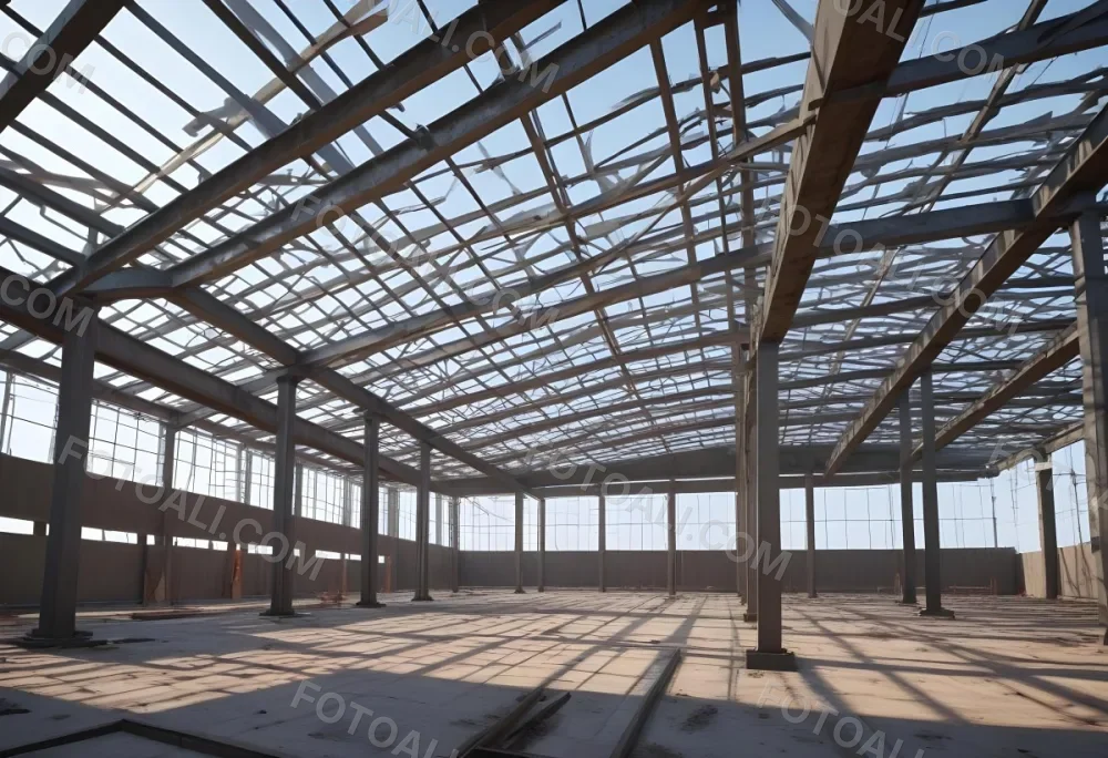 Steel Structure Of A Building Under Construction With A Grid Of Beams And Columns Dirt Floor And A Clear Sky Visible Through The Open Roof 27 7282