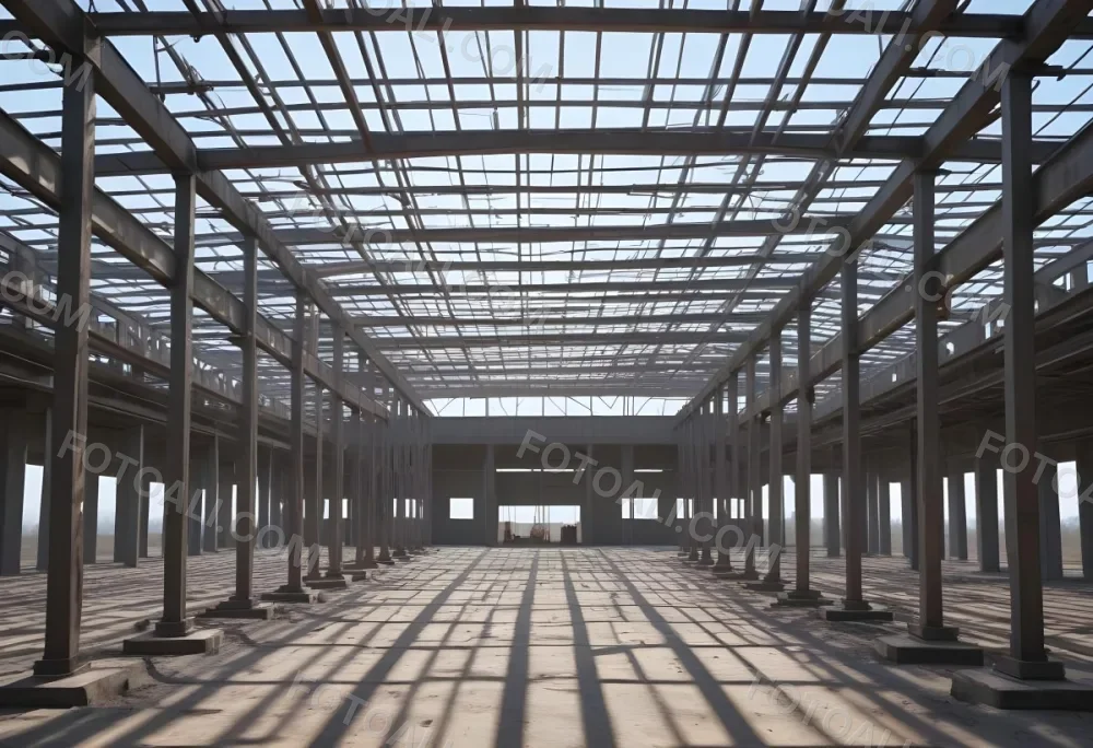 Steel Structure Of A Building Under Construction With A Grid Of Beams And Columns Dirt Floor And A Clear Sky Visible Through The Open Roof 28 20e1