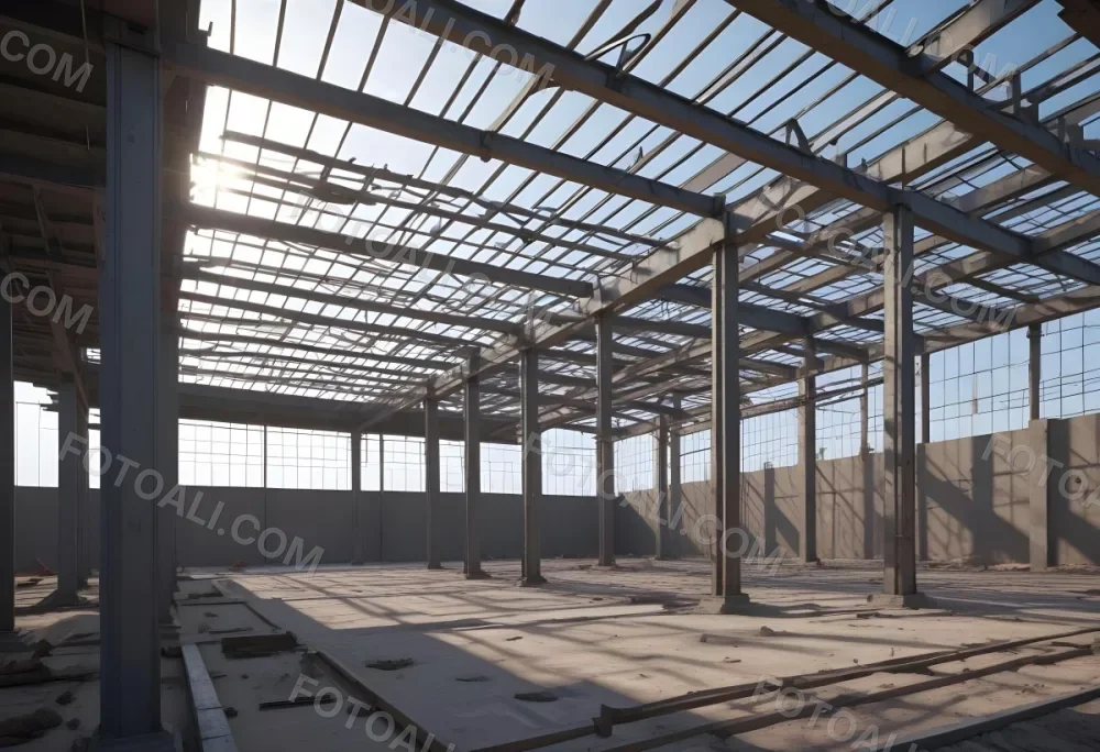 Steel Structure Of A Building Under Construction With A Grid Of Beams And Columns Dirt Floor And A Clear Sky Visible Through The Open Roof 3 9b86