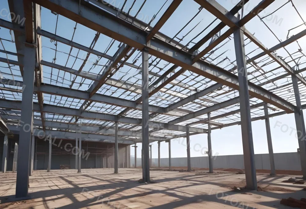 Steel Structure Of A Building Under Construction With A Grid Of Beams And Columns Dirt Floor And A Clear Sky Visible Through The Open Roof 7 6f0f