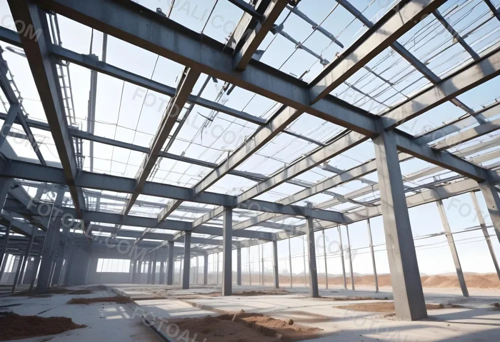 Steel Structure Of A Building Under Construction With A Grid Of Beams And Columns Dirt Floor And A Clear Sky Visible Through The Open Roof 9 B0eb