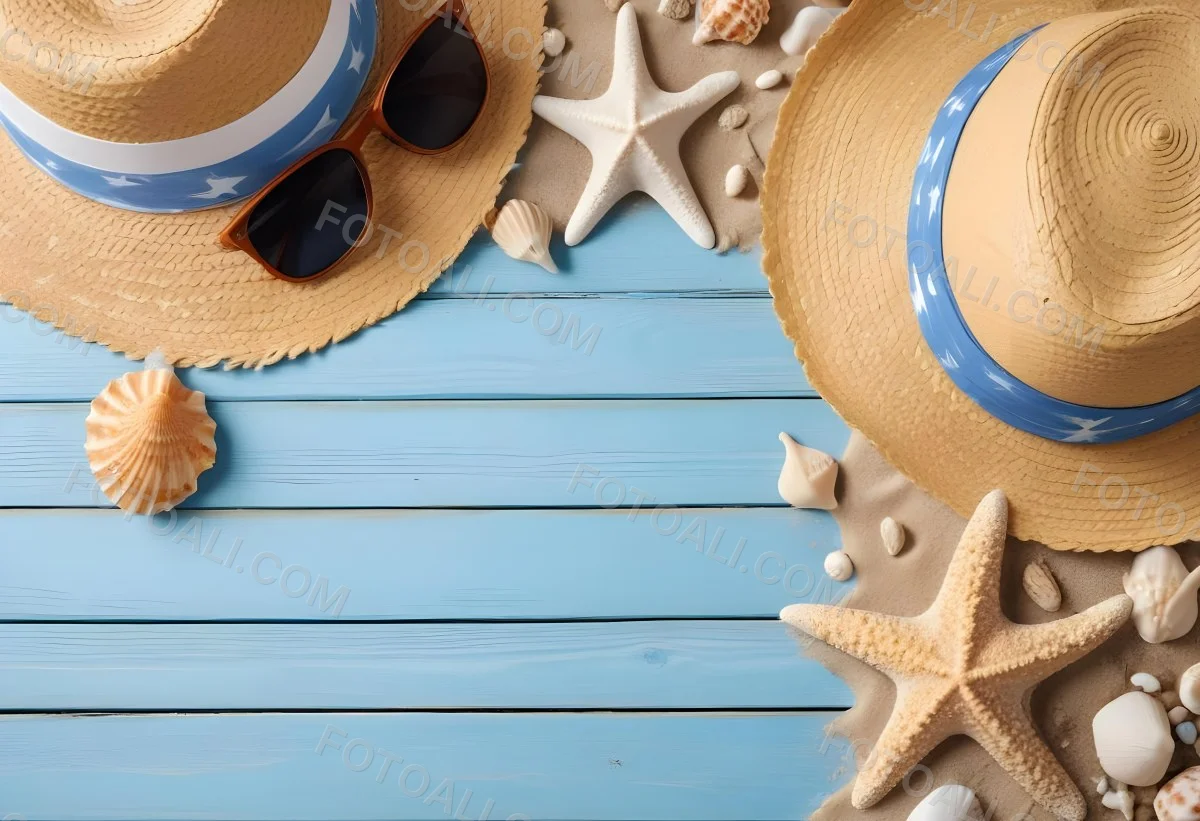 Straw Hat And Sunglasses Next To Seashells And A Starfish On A Sandy Beach With A Blue Wooden Surface In The Background 1 Ebf5