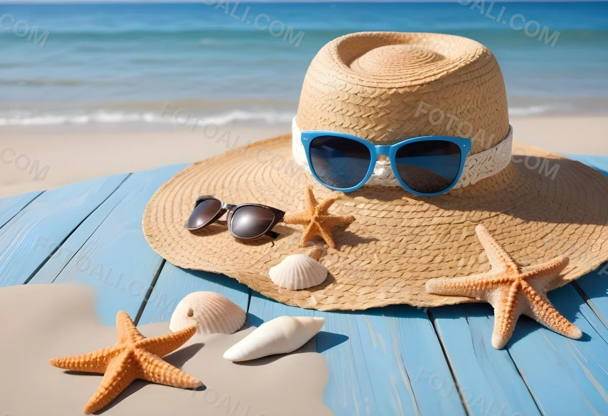 Straw Hat And Sunglasses Next To Seashells And A Starfish On A Sandy Beach With A Blue Wooden Surface In The Background 10 Fcdd