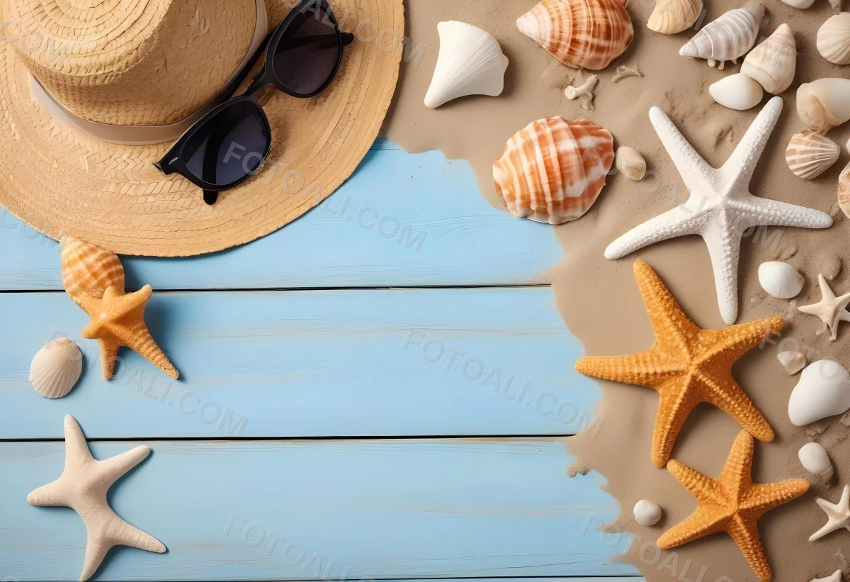 Straw Hat And Sunglasses Next To Seashells And A Starfish On A Sandy Beach With A Blue Wooden Surface In The Background 14 7c19