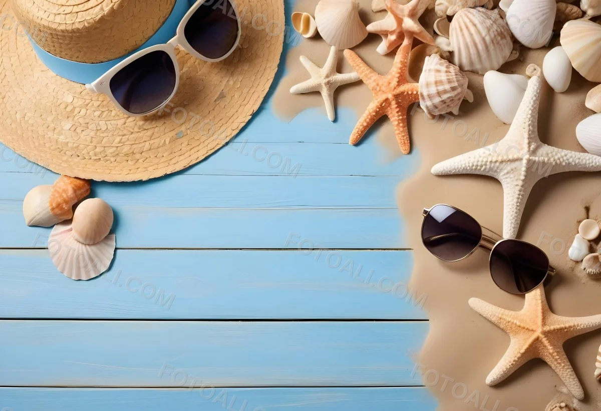 Straw Hat And Sunglasses Next To Seashells And A Starfish On A Sandy Beach With A Blue Wooden Surface In The Background 16 31ab