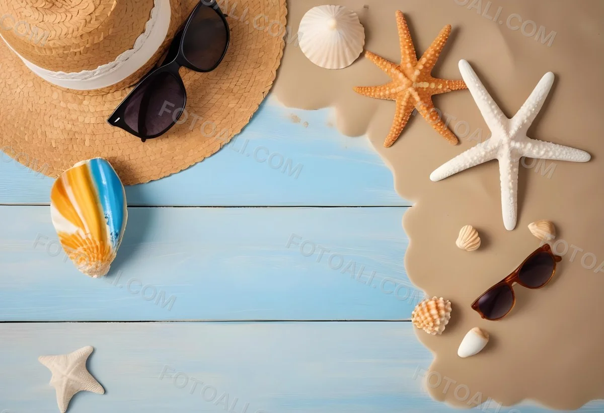 Straw Hat And Sunglasses Next To Seashells And A Starfish On A Sandy Beach With A Blue Wooden Surface In The Background 18 2f82