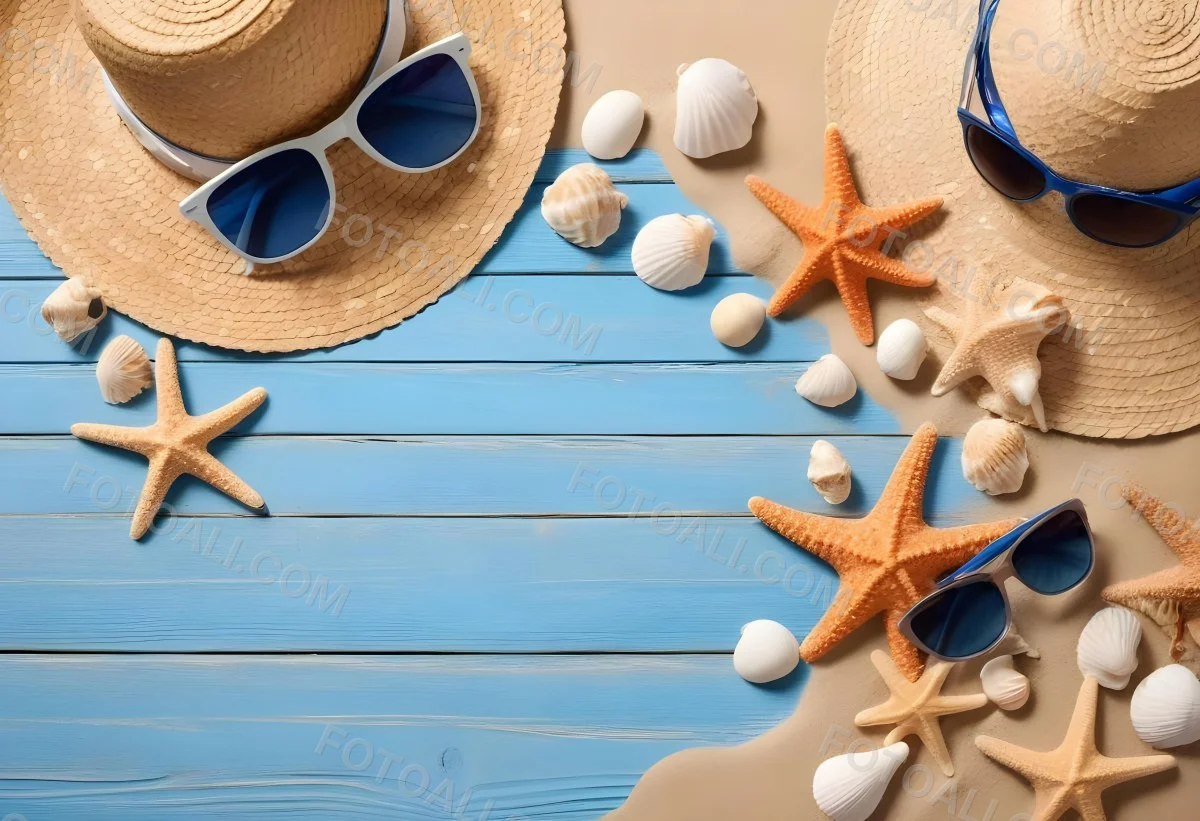 Straw Hat And Sunglasses Next To Seashells And A Starfish On A Sandy Beach With A Blue Wooden Surface In The Background 19 487b