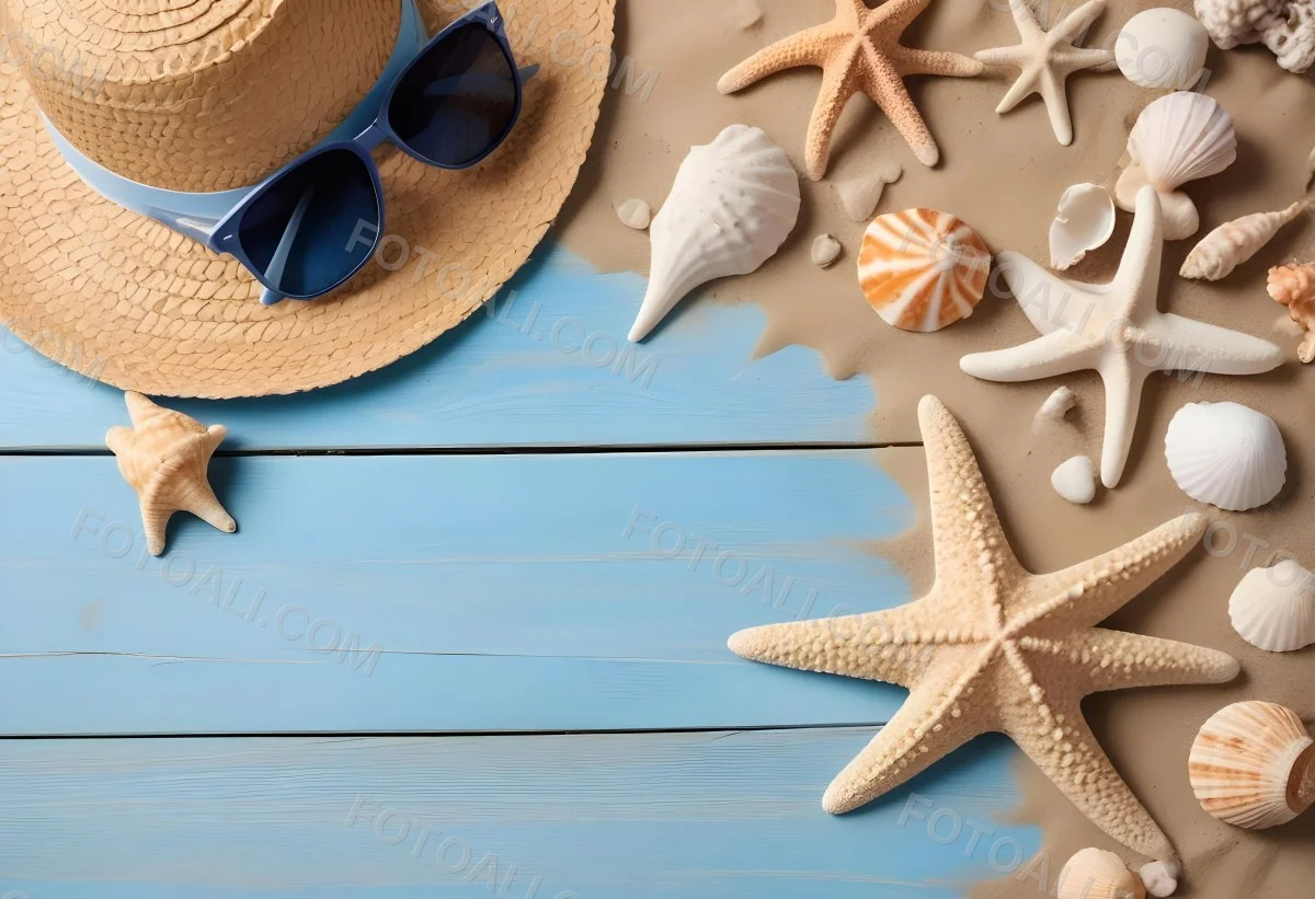 Straw Hat And Sunglasses Next To Seashells And A Starfish On A Sandy Beach With A Blue Wooden Surface In The Background 2 A8b1