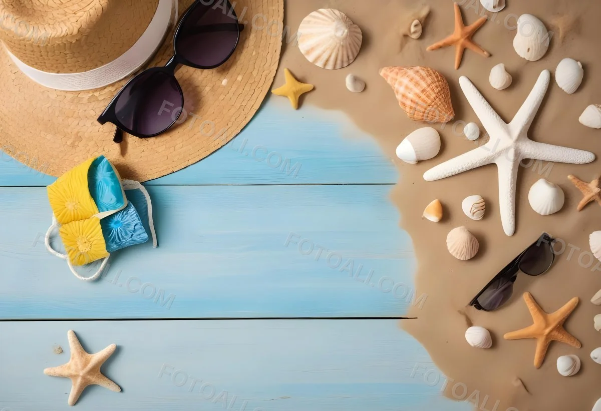 Straw Hat And Sunglasses Next To Seashells And A Starfish On A Sandy Beach With A Blue Wooden Surface In The Background 20 B8ec