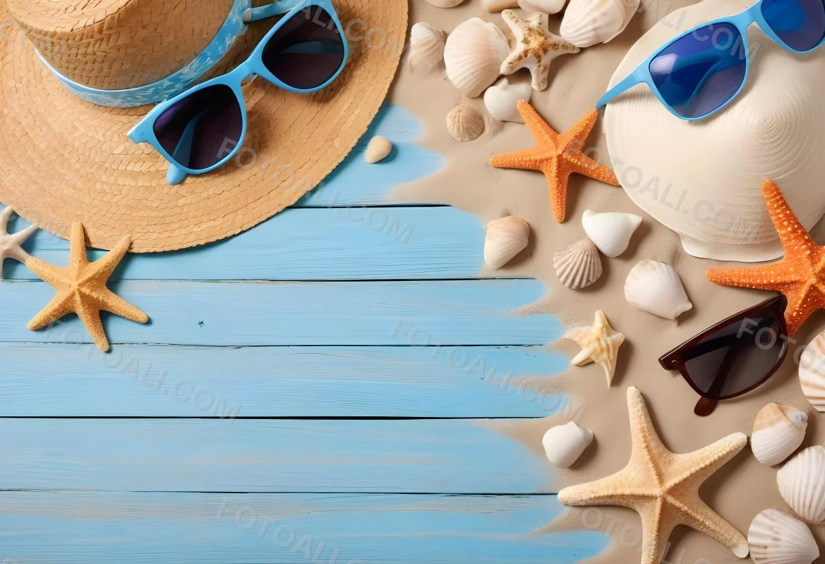 Straw Hat And Sunglasses Next To Seashells And A Starfish On A Sandy Beach With A Blue Wooden Surface In The Background 3 E7c5