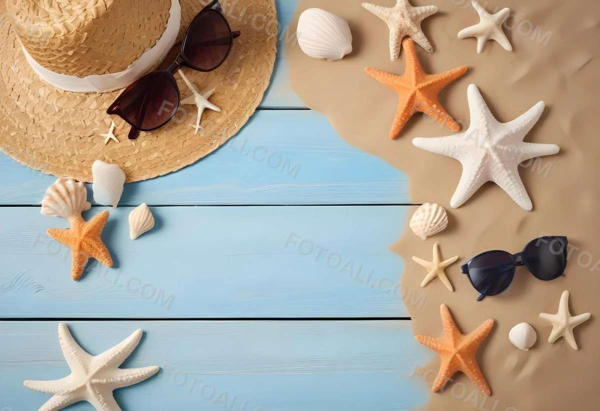 Straw Hat And Sunglasses Next To Seashells And A Starfish On A Sandy Beach With A Blue Wooden Surface In The Background 5 D3dc