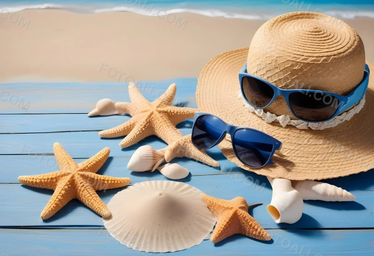 Straw Hat And Sunglasses Next To Seashells And A Starfish On A Sandy Beach With A Blue Wooden Surface In The Background 6 1f2c