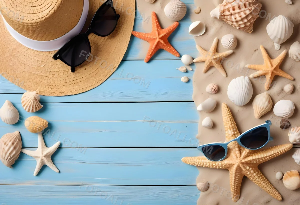 Straw Hat And Sunglasses Next To Seashells And A Starfish On A Sandy Beach With A Blue Wooden Surface In The Background 7 6326