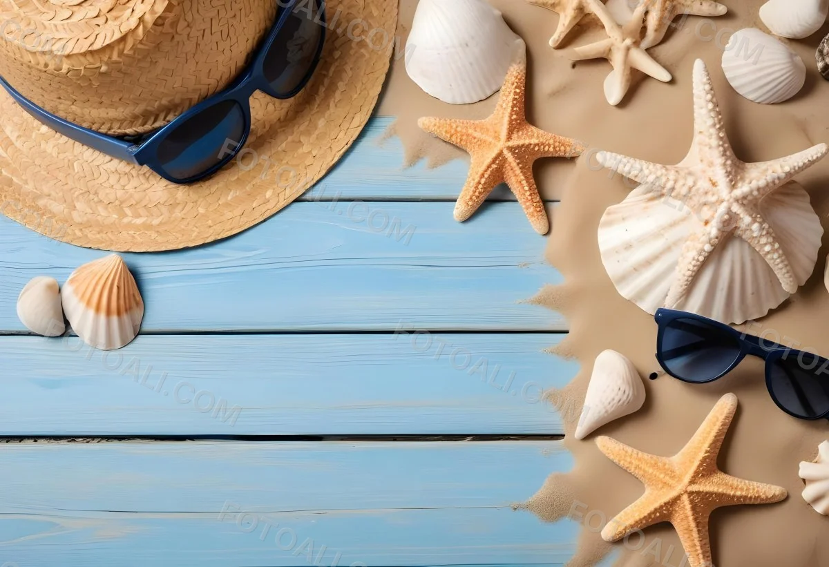 Straw Hat And Sunglasses Next To Seashells And A Starfish On A Sandy Beach With A Blue Wooden Surface In The Background 8 7f47